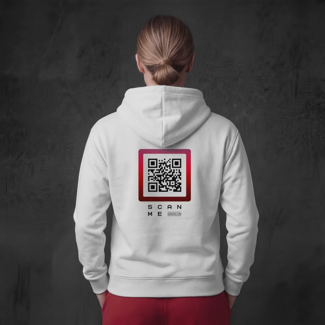 Video of Woman wearing white hoodie with QR code on back