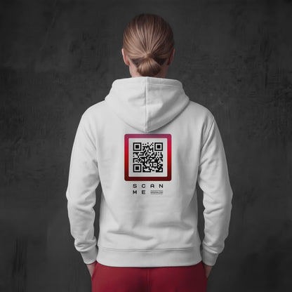 Video of Woman wearing white hoodie with QR code on back