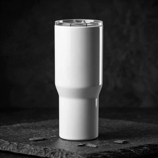 Front of glossy white travel mug with purple qr code on the dark background