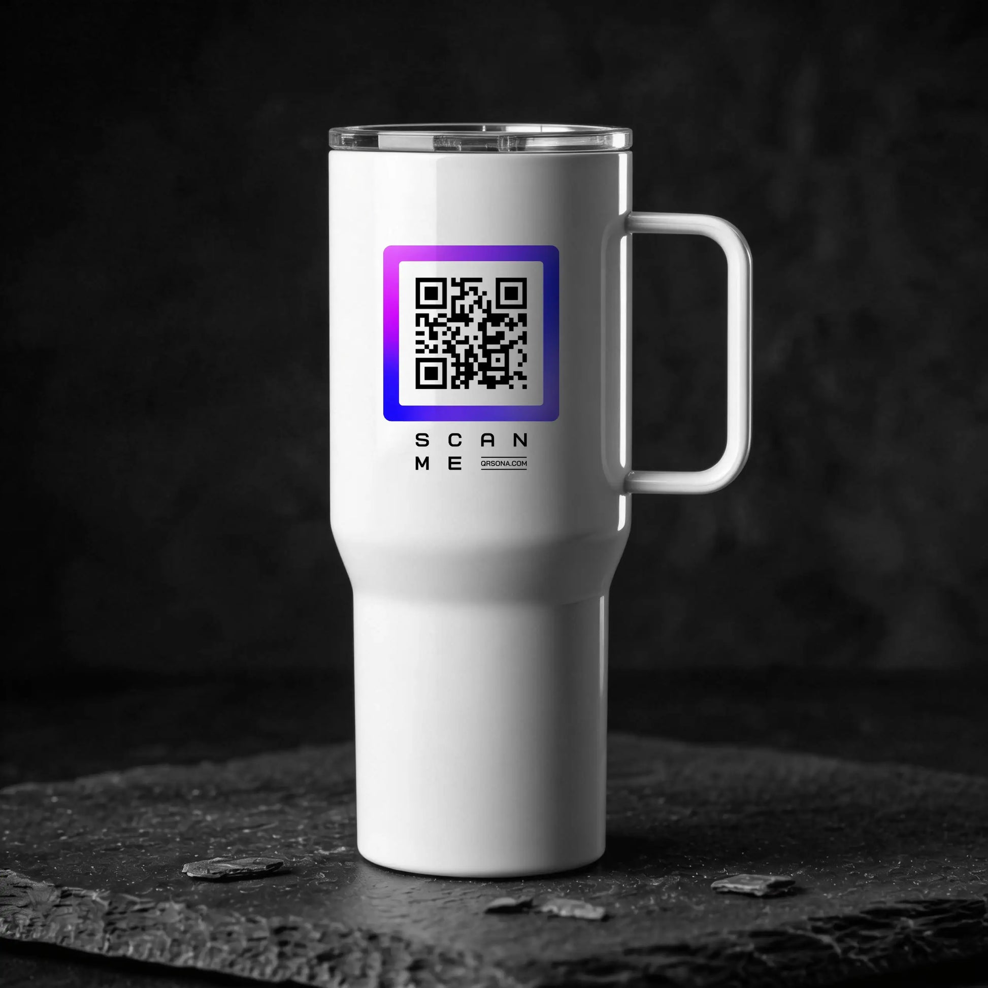 Glossy white travel mug with purple qr code on the dark background