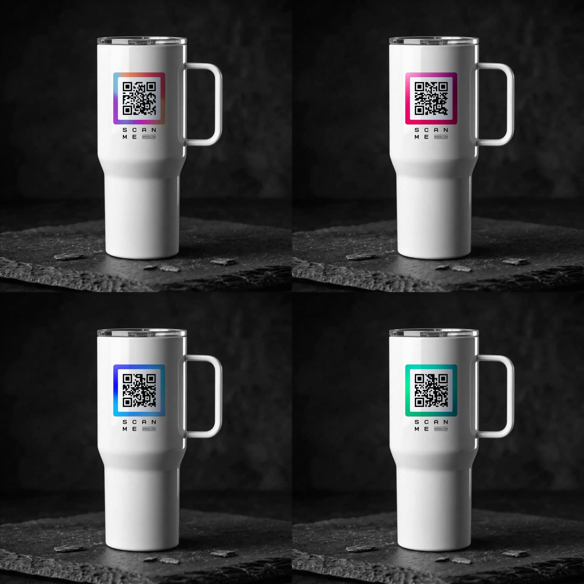 Glossy white travel mug with 4 qr code styles