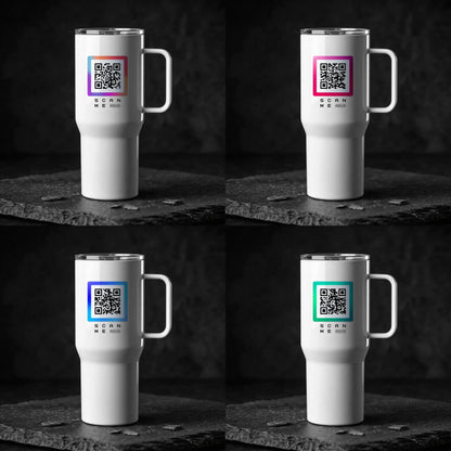 Glossy white travel mug with 4 qr code styles
