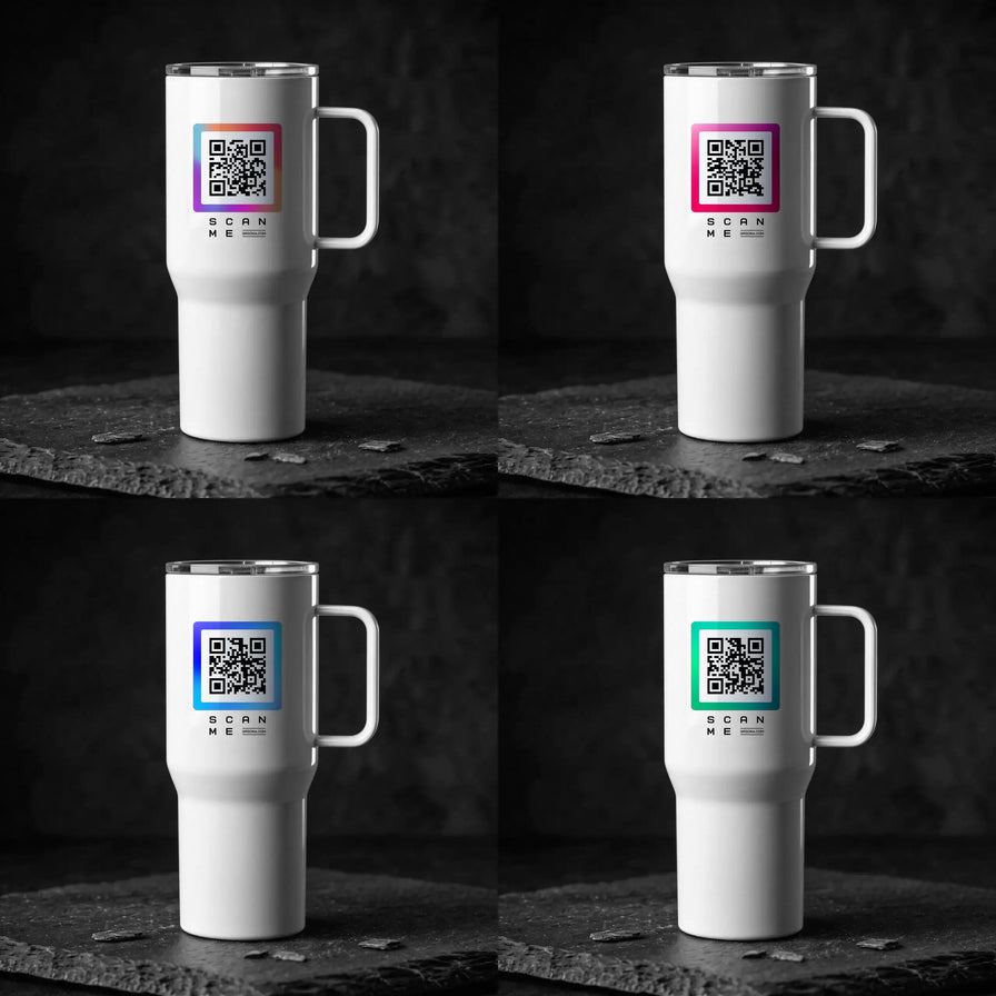 Glossy white travel mug with 4 qr code styles