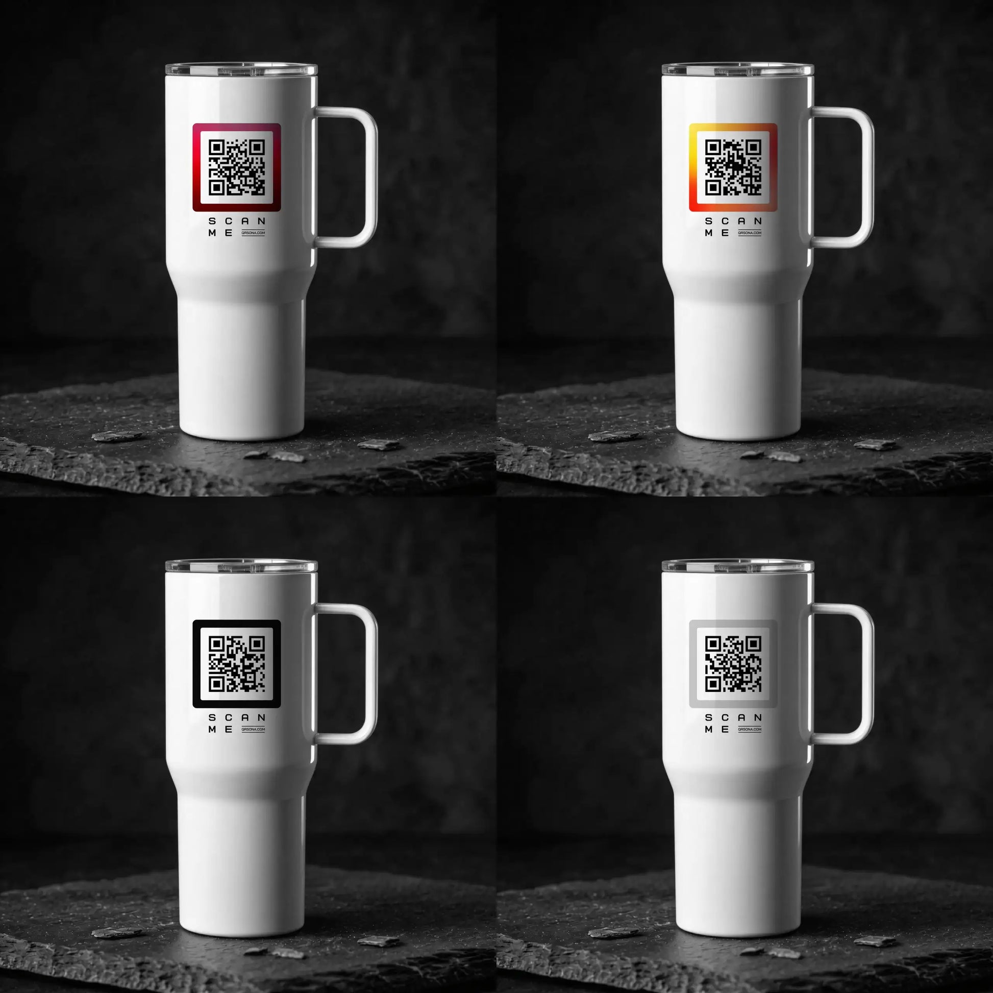 Glossy white travel mug with 4 qr code styles