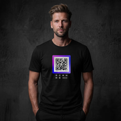 Man wearing black t-shirt with qr code on chest