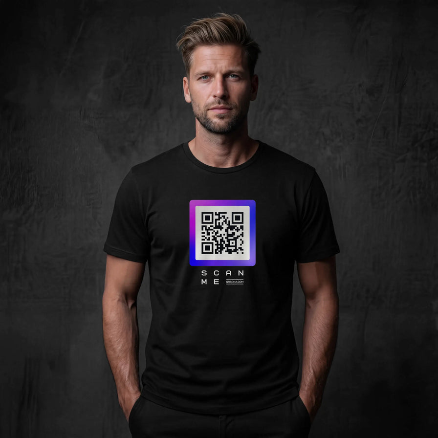 Man wearing black t-shirt with qr code on chest
