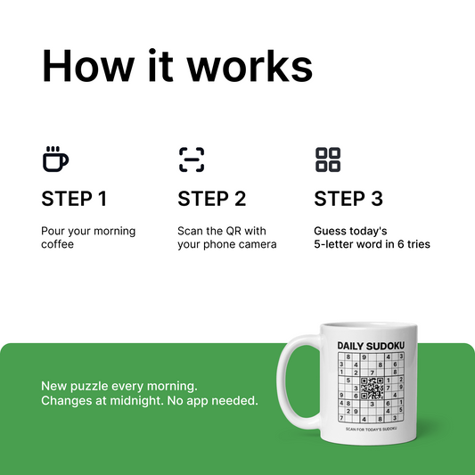 Daily Word Game Mug: Interactive QR Code Puzzle, 5-Letter Daily Challenge