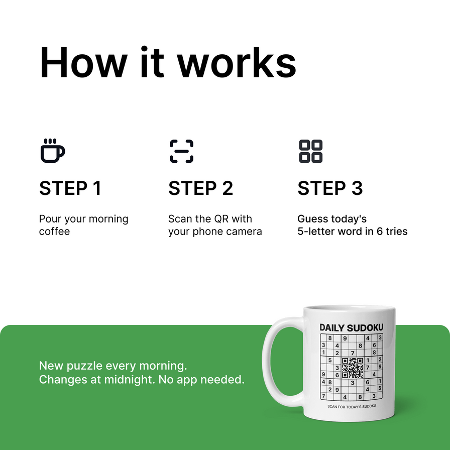 Daily Word Game Mug: Interactive QR Code Puzzle, 5-Letter Daily Challenge