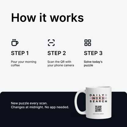 Word Search QR Mug - 365 Puzzles, a New One Every Scan