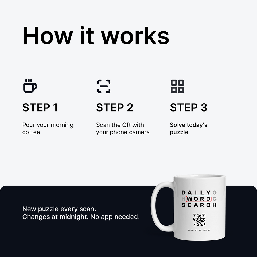 Word Search QR Mug - 365 Puzzles, a New One Every Scan
