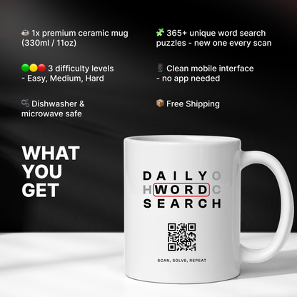 Word Search QR Mug - 365 Puzzles, a New One Every Scan